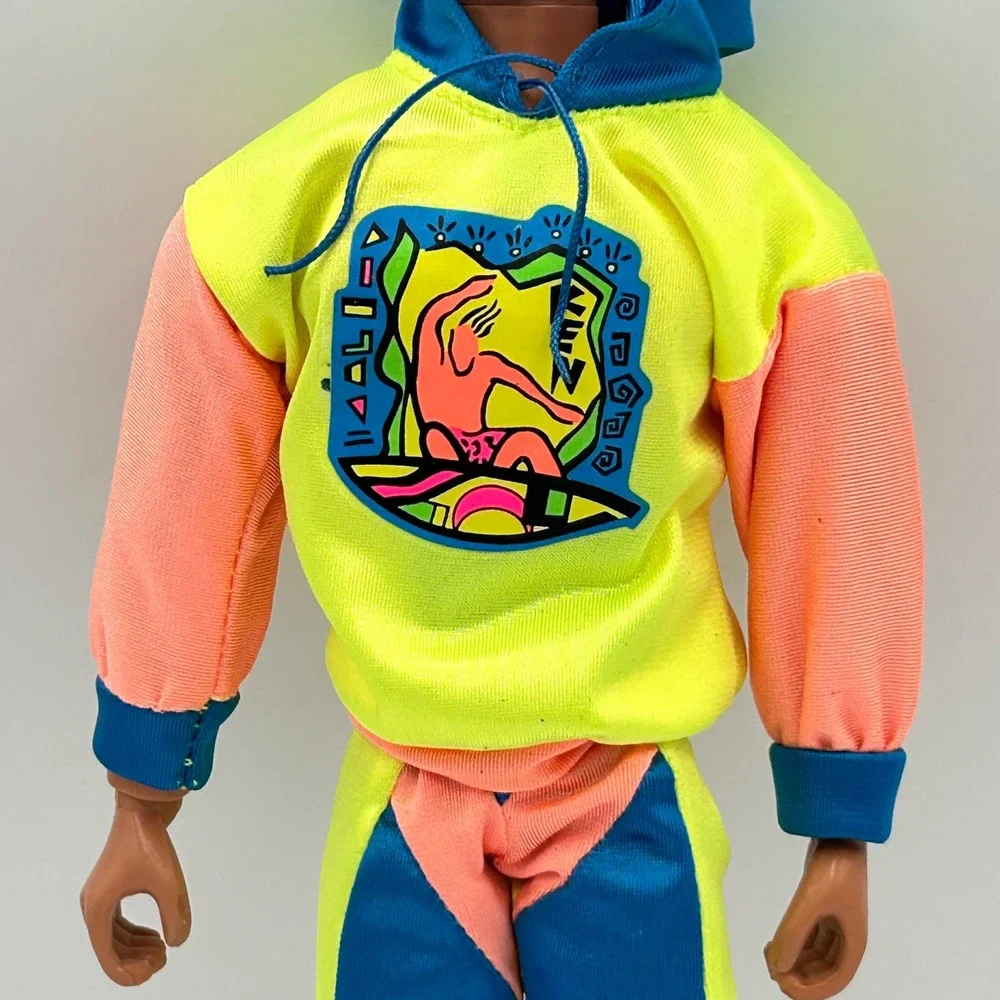 Vintage 2001 Barbie Ken Male Doll Neon Surfer Hoodie & Shorts Set Blue Eyes